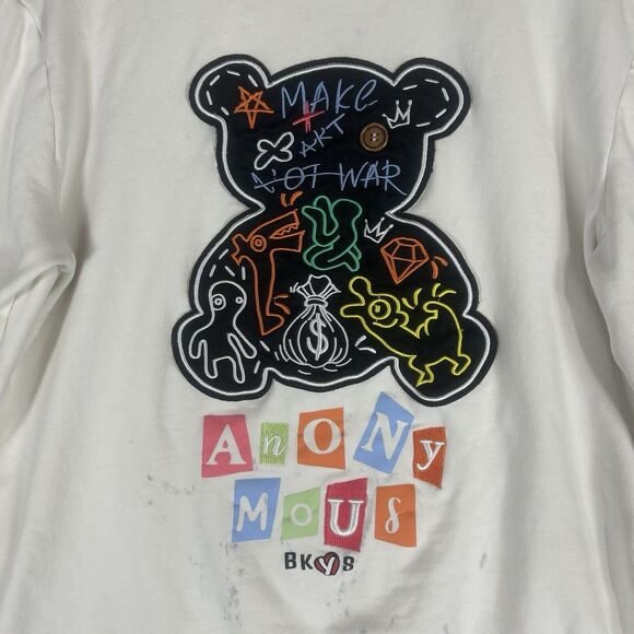 BKYS Embroidered Teddy Bear Anonymous Sweatshirt Mens Medium L/S White STAINED - Picture 2 of 15